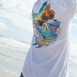Ron Jon Sailfish Long Sleeve Hooded Sun Shirt -Surf Edge Shop d800x800 10480484001 white ron jon sailfish upf long sleeve hooded shirt lifestyle 1
